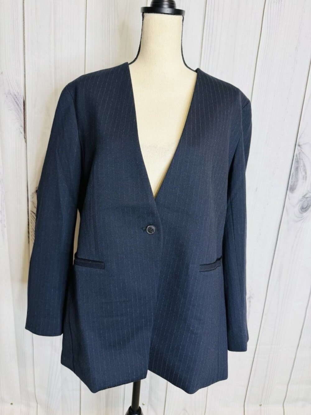 Spanx Perfect Collarless Blazer Sz L Classic Navy Pinstripe Stretch Ponte Knit